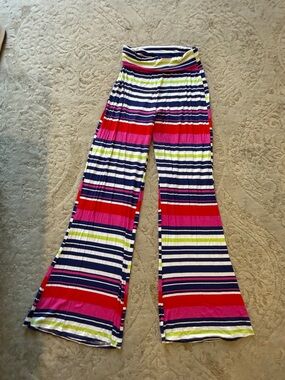 Macbeth Collection by Margaret Josephs Striped Navy, Pink & Red Flare Pants